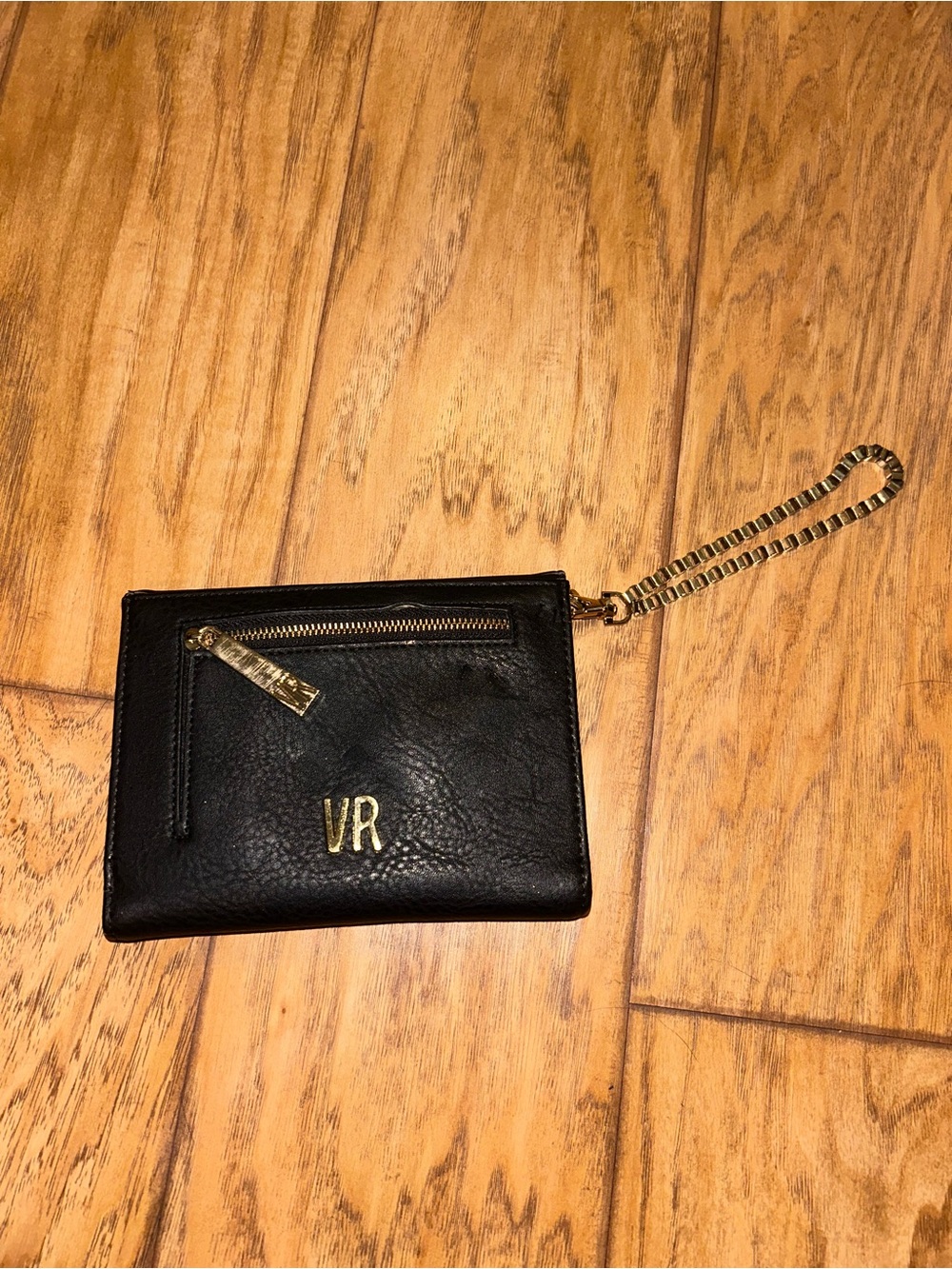 Black Leather Wristlet Card Case with Gold Hardware